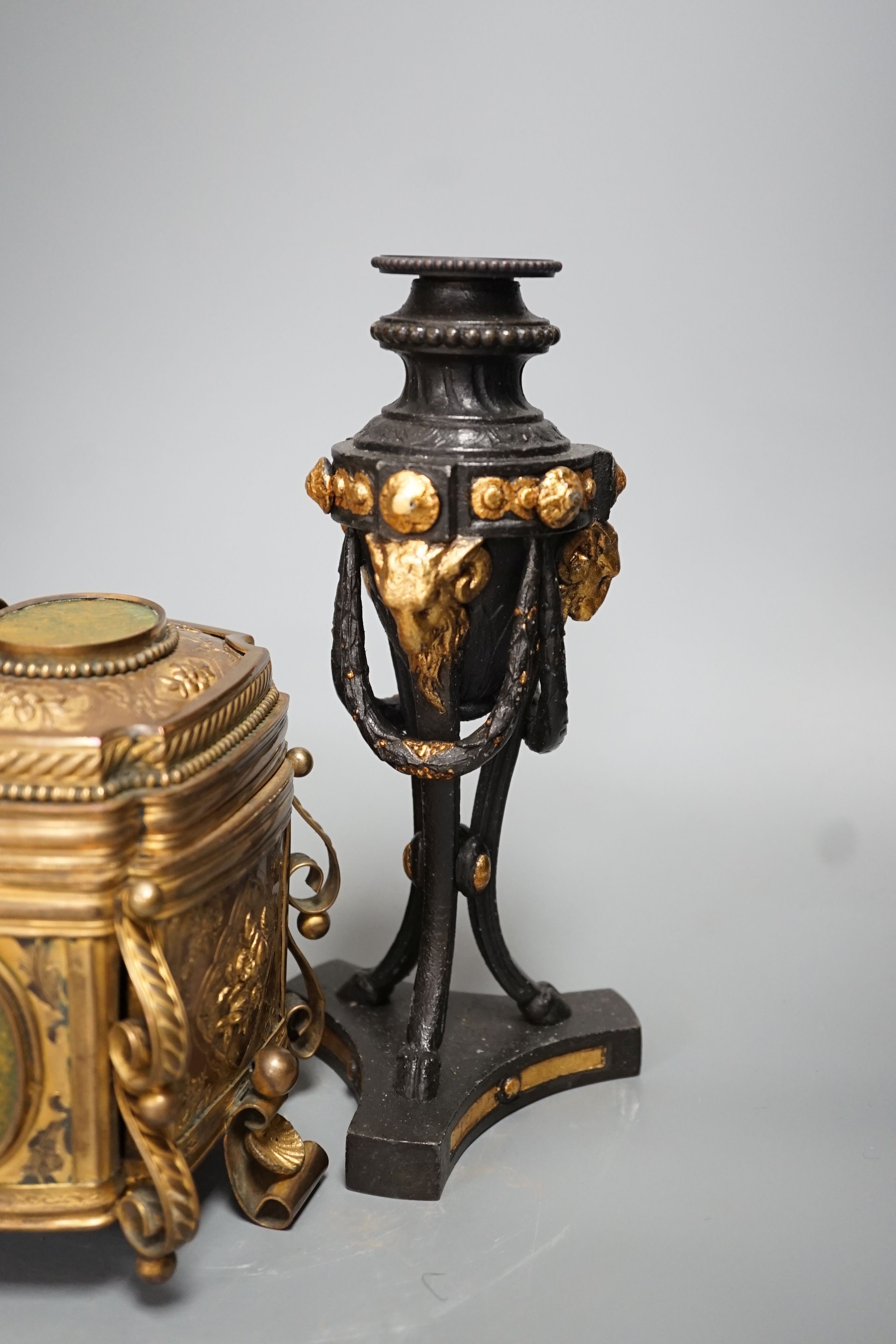 A French gilt metal casket inset with reverse painted glass panels and a pair of ormolu style candlesticks, 22.5cm tall